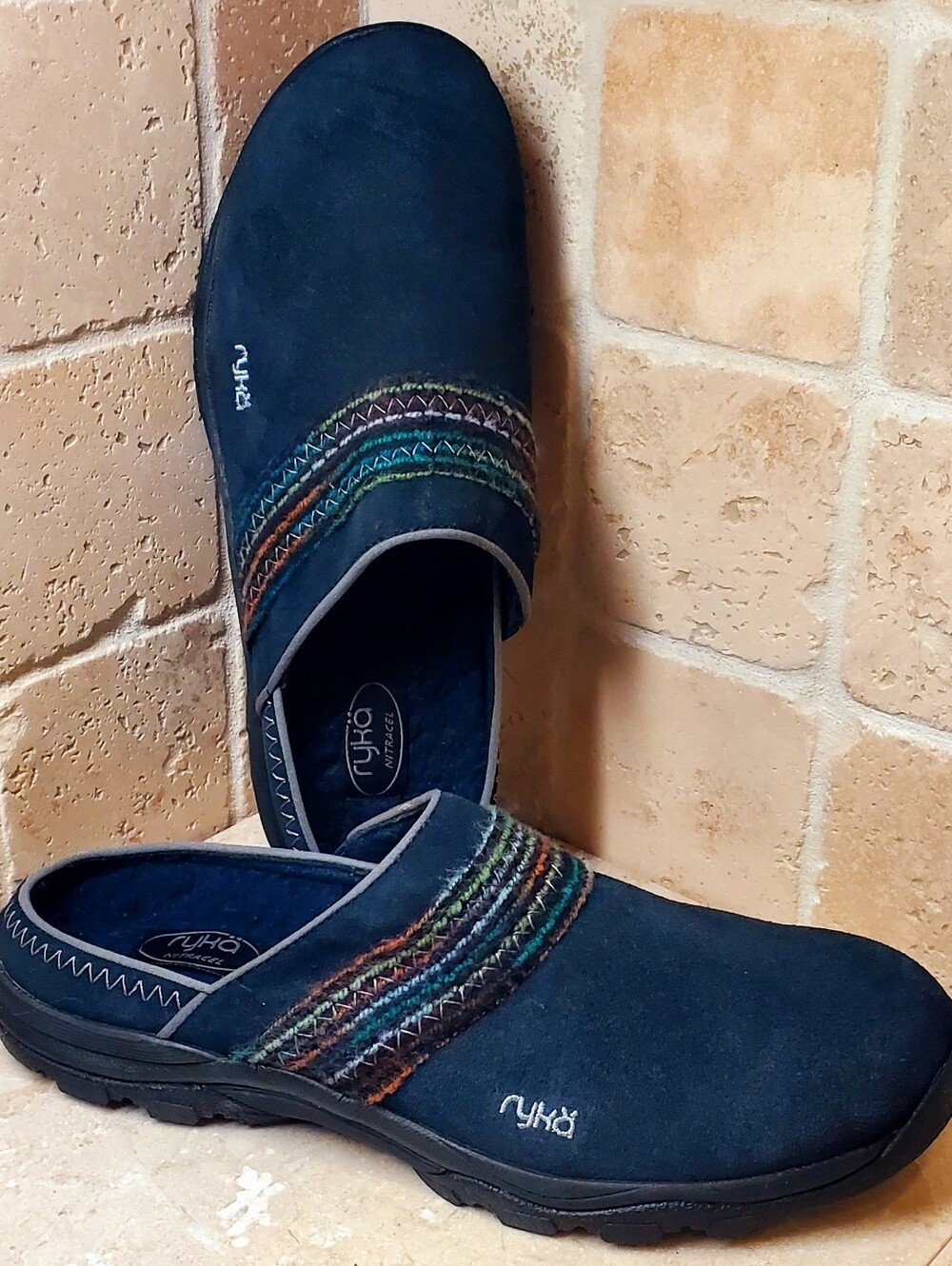 Ryka Women's Sz 11 Suede Navy Slip-On Clog with Multicolor Stitch Detail